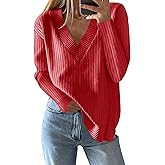 Saodimallsu Womens V Neck Sweater 2025 Fall Oversized Ribbed Knit Trendy Slit Casual Loose Fit Long Sleeve Pullover Top