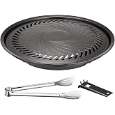 Korean BBQ Grill Pan, Nonstick 13.5" Round Indoor Grill Pan Smokeless Cast Aluminum Includes Food Tongs &amp; Grill Plate Handle, Outdoor Camping Grilling, Picnic Cooking