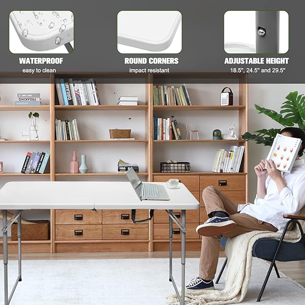BYLIABLE FOLDING TABLE 4 FOOT PORTABLE HEAVY DUTY PLASTIC FOLD-IN-HALF UTILITY TABLE SMALL INDOOR OUTDOOR ADJUSTABLE HEIGHT FOLDING WITH CARRYING HANDLE, CAMPING AND PARTY,WHITE