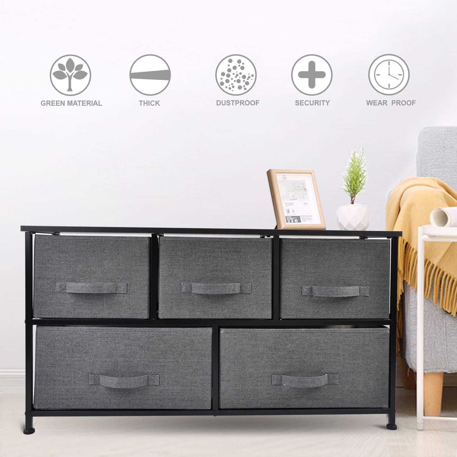 CERBIOR Wide Drawer Dresser Storage Organizer 5-Drawer Closet Shelves, Sturdy Steel Frame Wood Top with Easy Pull Fabric Bins for Clothing, Blankets - Charcoal: Home Improvement