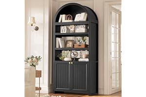 UPOSOJA 81" Tall Arched Cabinets,Bookcase with storage,Mid-Century Modern 6-Tier Bookshelf with Door,2 Book Risers and Adjustable Shelves offering more storage space for Living Room,Kitchen,Home Office,Black