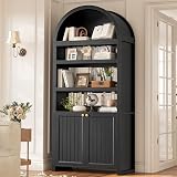 81" Tall Arched Cabinets,Bookcase with storage,Mid-Century Modern 6-Tier Bookshelf with Door,2 Book Risers and Adjustable Shelves offering more storage space for Living Room,Kitchen,Home Office,Black
