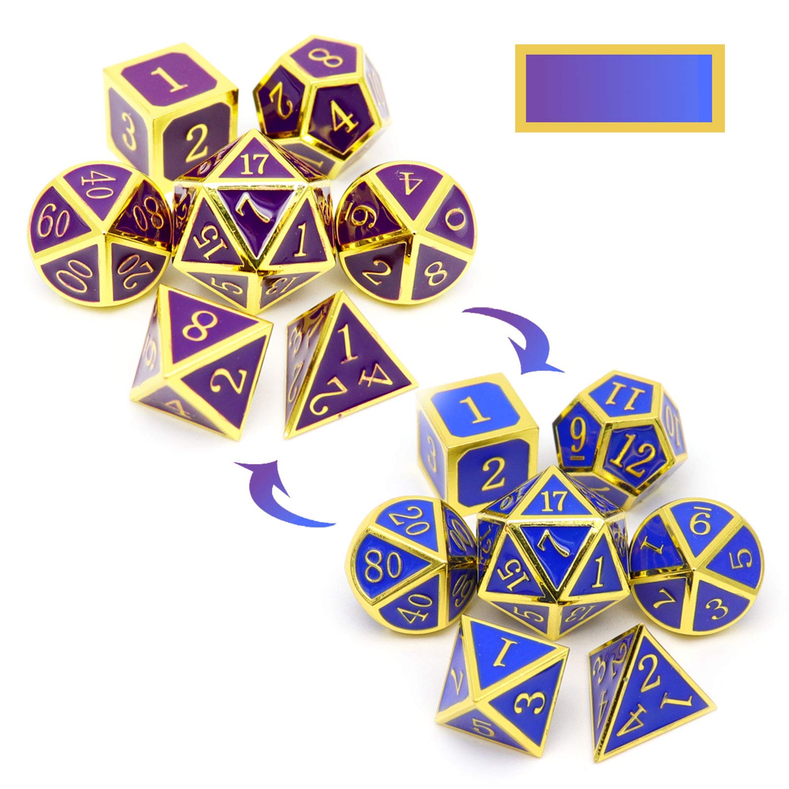 Haxtec Color Changing Metal DND Dice Set Shifting RPG Polyhedral Dice (Heat Sensitive-Gold Purple Blue Shift) — image 1