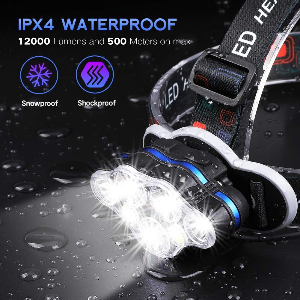 Headlamp Flashlight, 12000 Lumens Brightest 7 LED USB Rechargeable Headlight with White Red Light, 8 Modes Waterproof Head Lamp for Outdoor Camping Cycling Running Fishing - - 