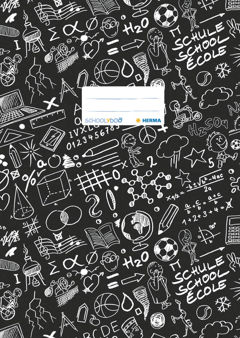 HERMA Exercise Book Cover A4 SCHOOLYDOO design, with inscription label, made of wipeable and sturdy plastic, slip on cover jackets for school, black, 19408