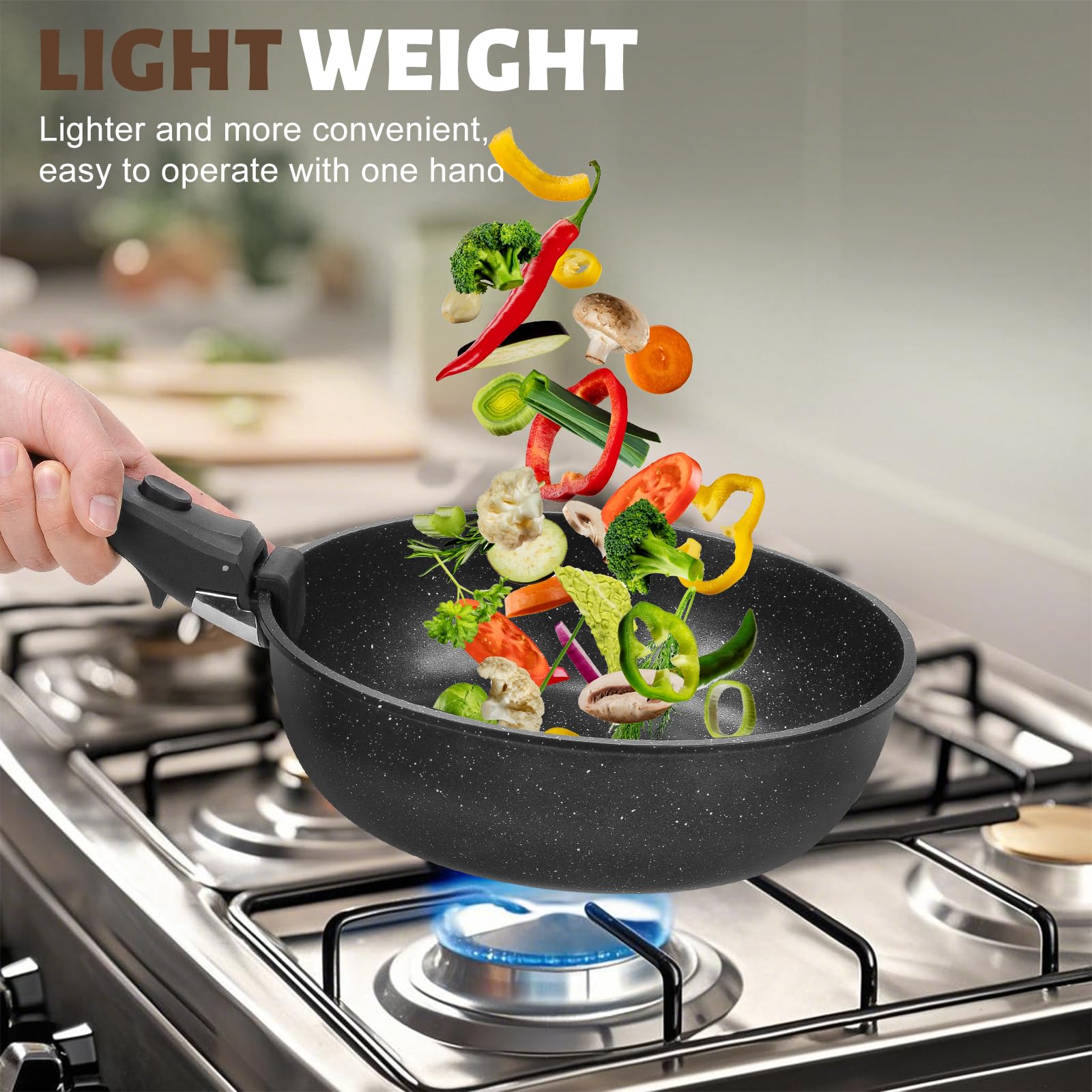 Numola 10 pcs Pots and Pan Set Non Stick with Detachable Handle, Ceramic Cookware Set for Stackable, Induction Kitchen Cookware Set for RV, Dishwasher ＆ Oven Safe, Black