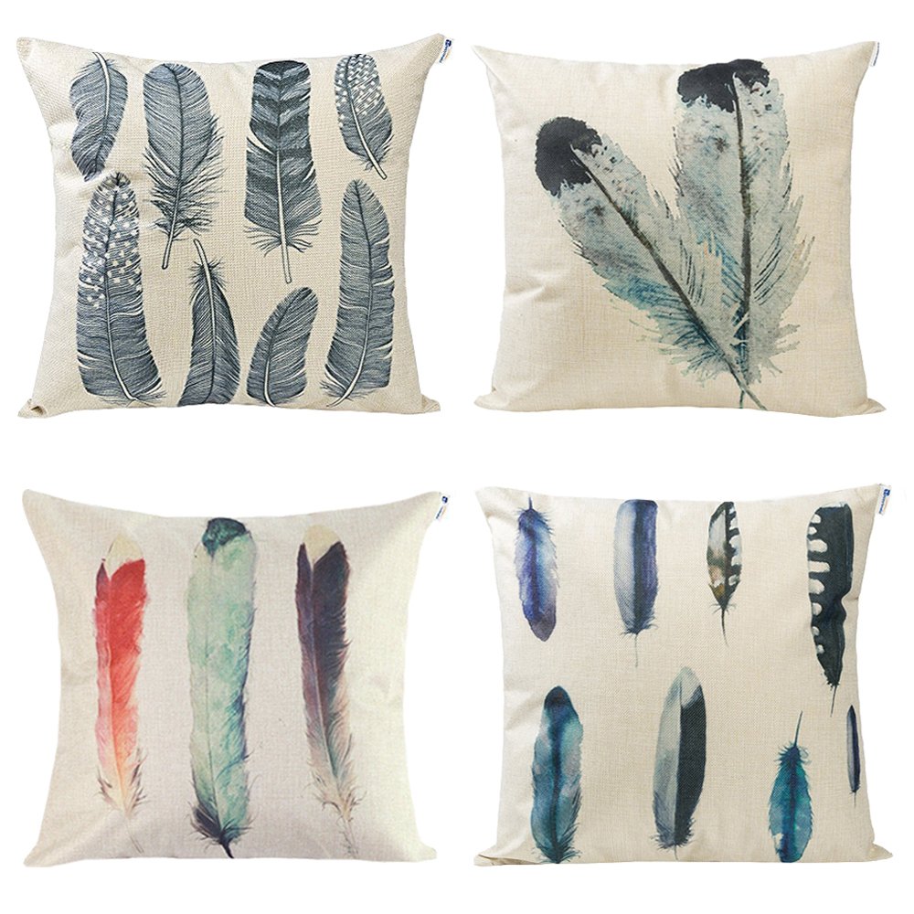 Set of 4 Feather Print Fall Throw Pillow Covers, 18 x 18 inch Cotton Linen eBay