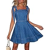 utcoco Denim Dress for Women Tie Shoulder Straps Sleeveless Backless Ruffle A Line Swing Babydoll Mini Jean Dresses