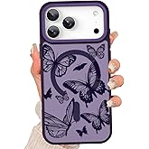 Fsoole Magnetic for iPhone 17 Pro Case [Compatible with MagSafe] Cute Cool Butterfly Print Pattern Design, Slim Bumper Translucent Matte Protective Cover for Women Girls, Dark Purple