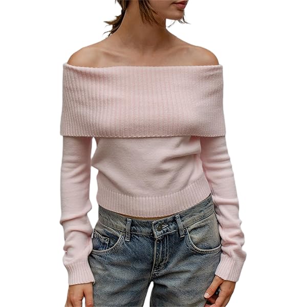 HzDazrl Women Off Shoulder Fold Over Long Sleeve Sweaters