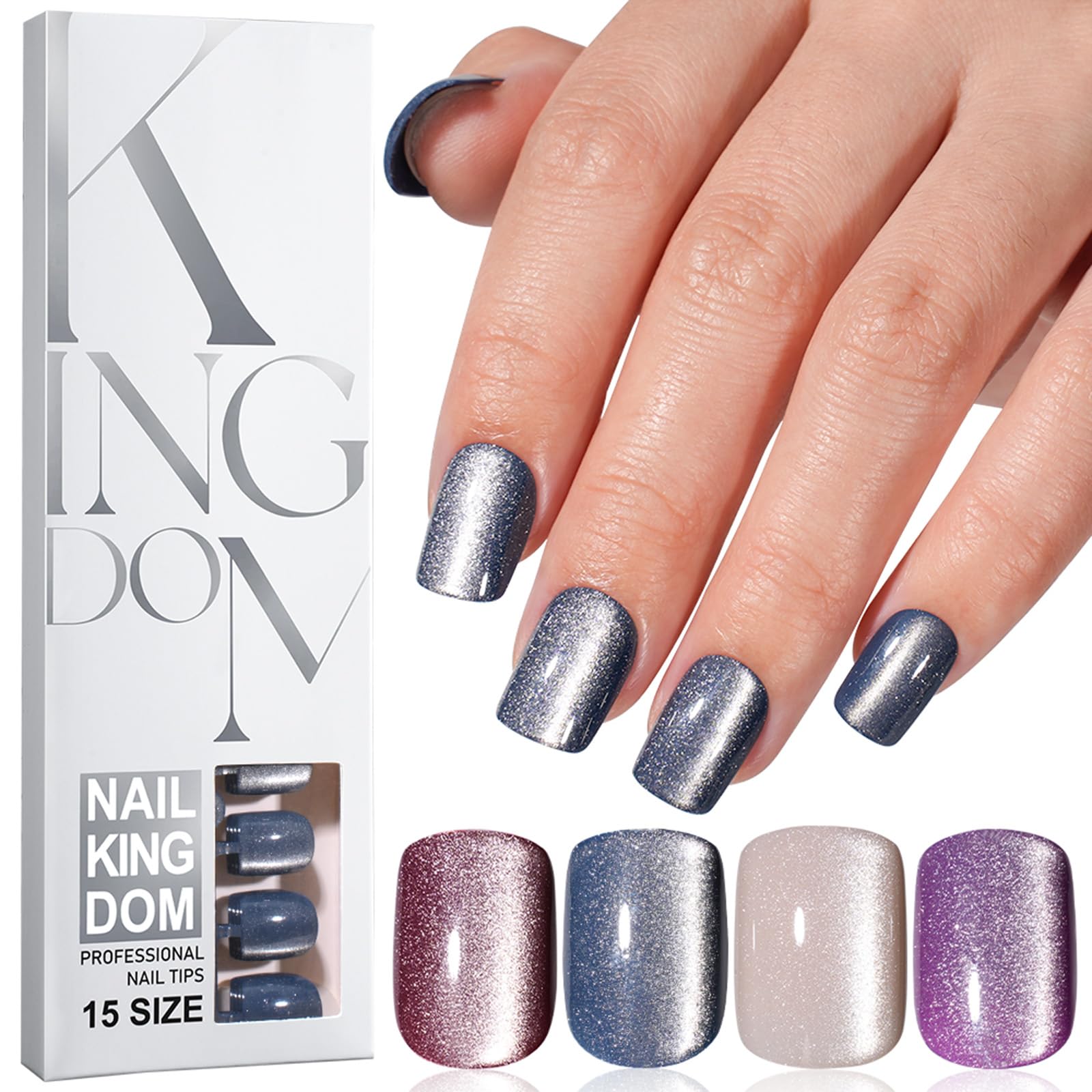 Photo 1 of 120Pcs Square Press on Nails Short Cat Eye Fake Nails Glossy Glitter Acrylic Nails Gel Glue on Nails Purple White Blue False Nails Press ons Stick on Nails Manicure Kit for Women Girls 15 Sizes