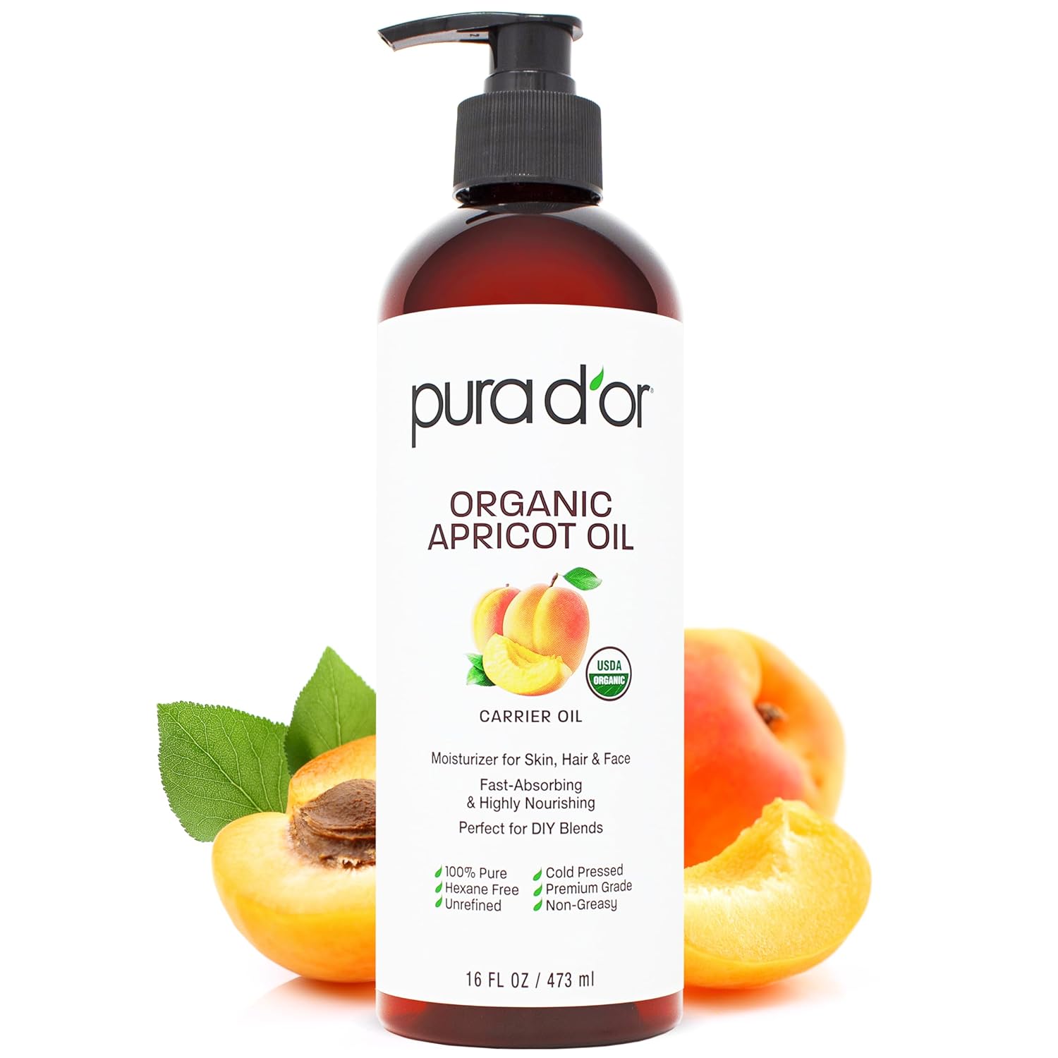 PURA D'OR ORGANIC Apricot Kernel Oil (16 Oz) 100% Pure & Natural USDA Certified Cold Pressed Carrier Oil - Antioxidant & Vita
