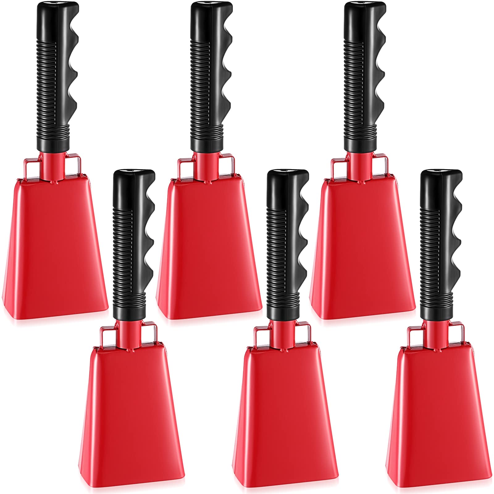 Photo 1 of Yeshone 6 Pcs Cow Bells Noise Makers with Handles Cheering Cowbells for Sporting Events Musical Hand Percussion Cowbells Solid Football Cowbell Loud Call Bell Hand bells for School, Red (Small)