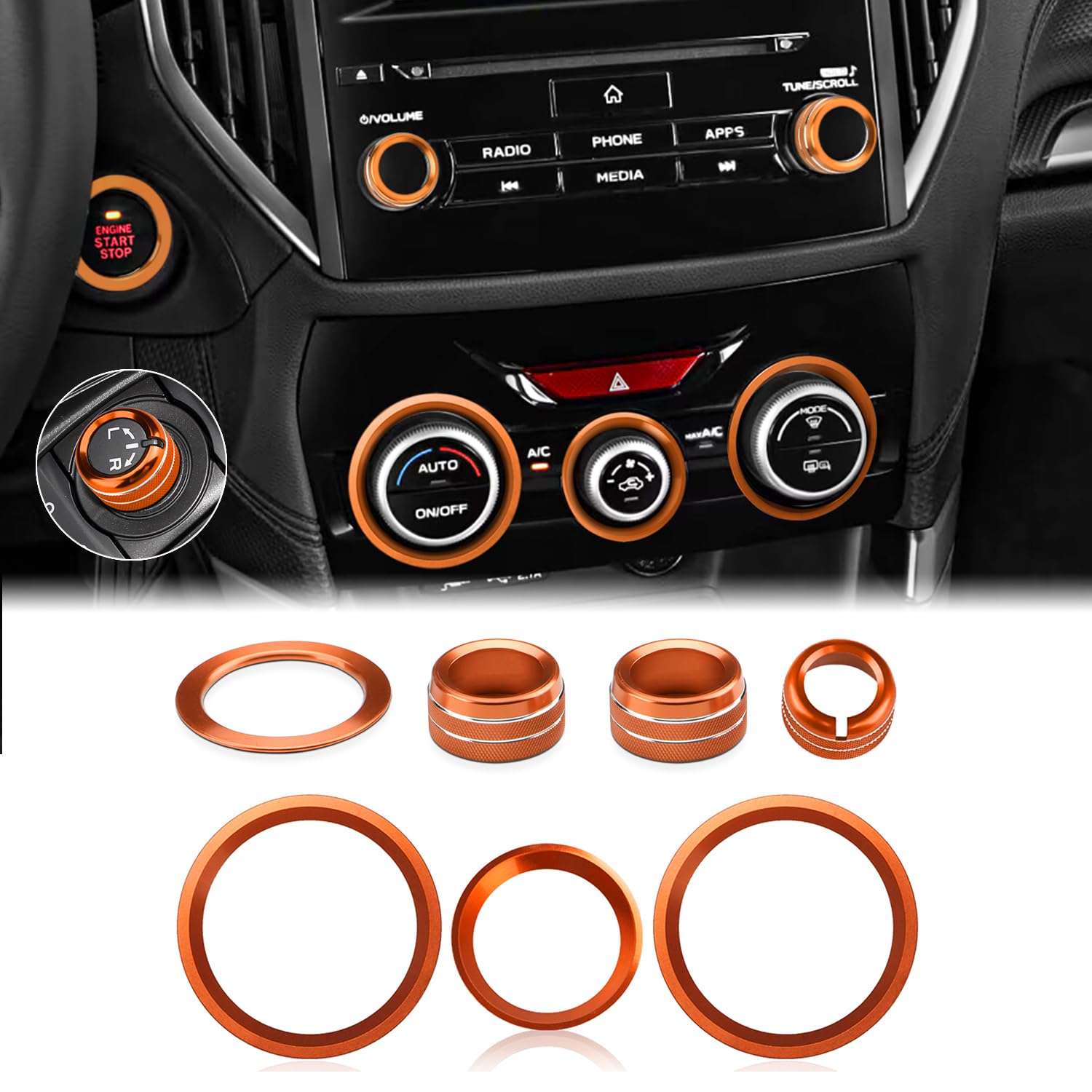 Photo 1 of Auovo Radio Knob Cover for Subaru Crosstrek Accessories 2018-2023 / Impreza 2017-2023/ Forester 2019-2024 AC Knob Outer Ring Air Conditioner Volume Tune Knob Trim 7pcs (Sun Orange, A)