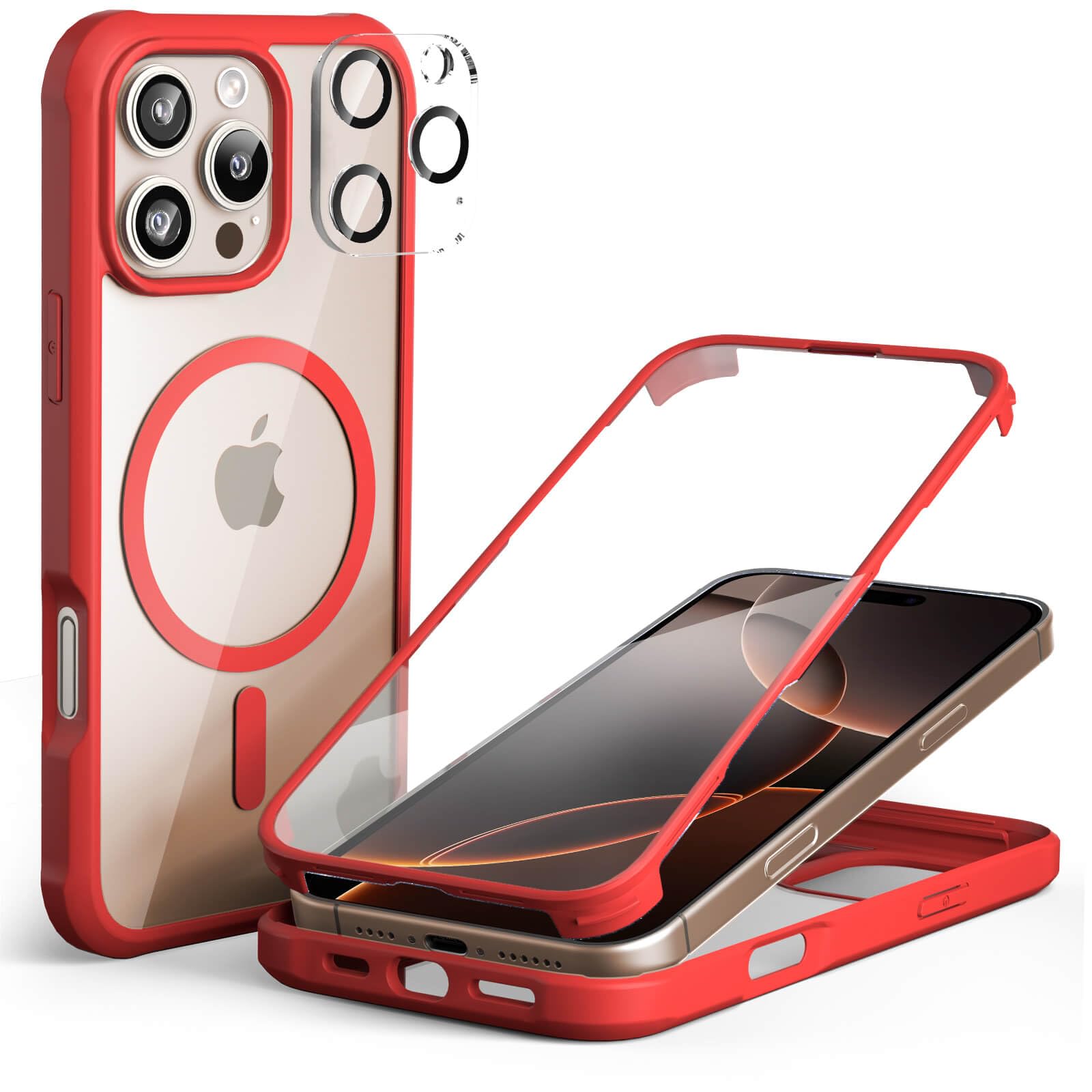 Leedia Mobile Phone Case Compatible with iPhone 16 Pro Max Magsafe Case 360 Degree Full Body Built-in Tempered Glass Screen Protector Case Shockproof Protective Case for iPhone 16 Pro Max 6.9 Inch Red