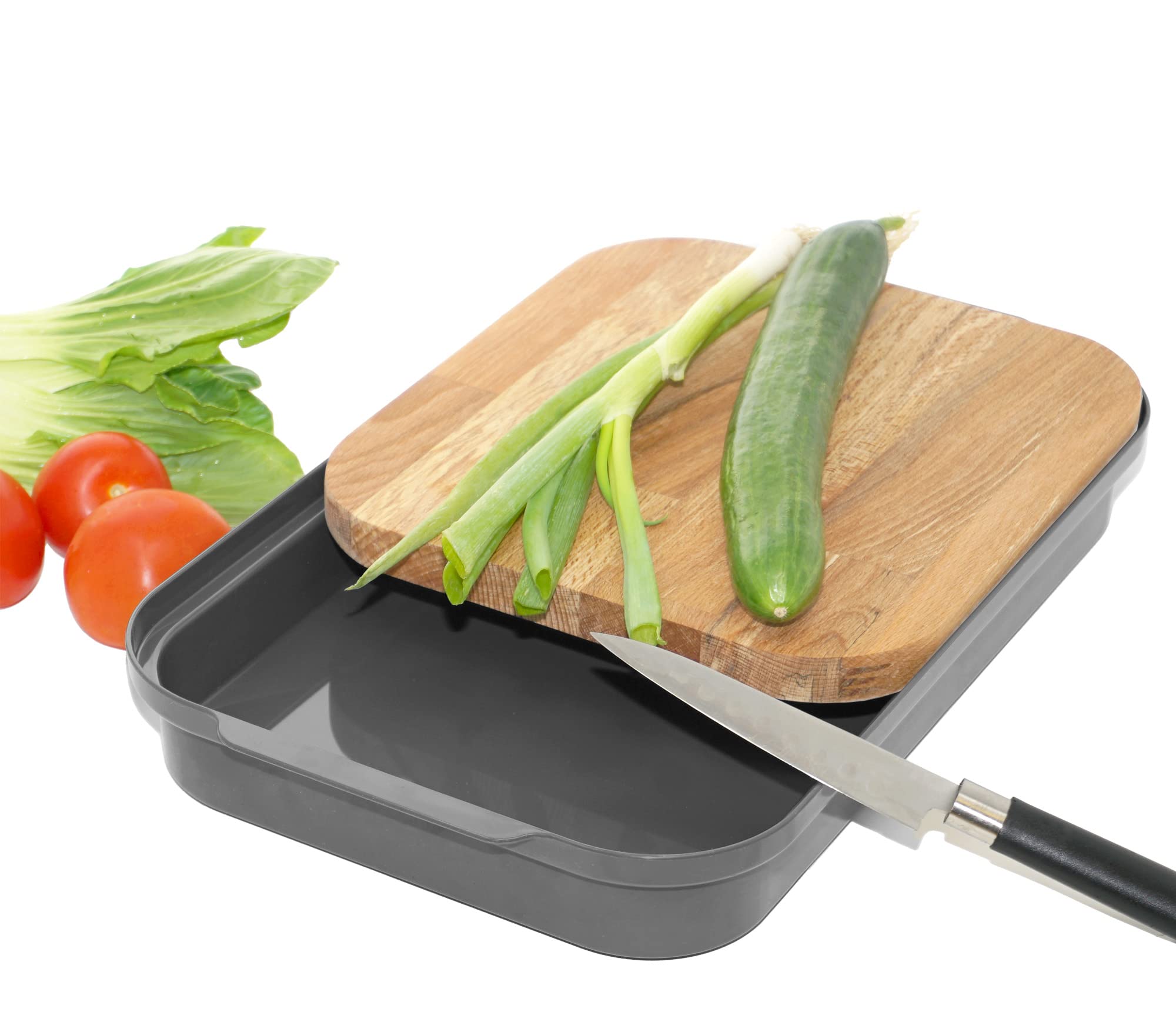 Lashuma Wooden Board with Plastic Collection Container 40 x 24 cm Square Chopping Board Grey