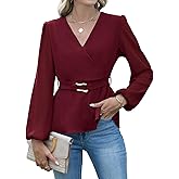Gleeneat Womens Long Sleeve Blouses Dressy Casual Elegant Wrap V Neck Tops Trendy Work Shirts Fall Business Outfits