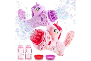 BELLOCHIDDO Bubble Gun - 2 Packs Unicorn Bubble Machine Gun for Kids with Light & 2 Bottles Bubble Solution, Bubble Blower Gun for Party Favors, Outdoors Activity, Birthday Gifts for Boys & Girls