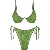 ZAFUL Women's Bikini Sets Ribbed Two Piece Swimsuits Underwire Adjustable Back Clasp Bathing Suit Side Tie Thong Swimwear