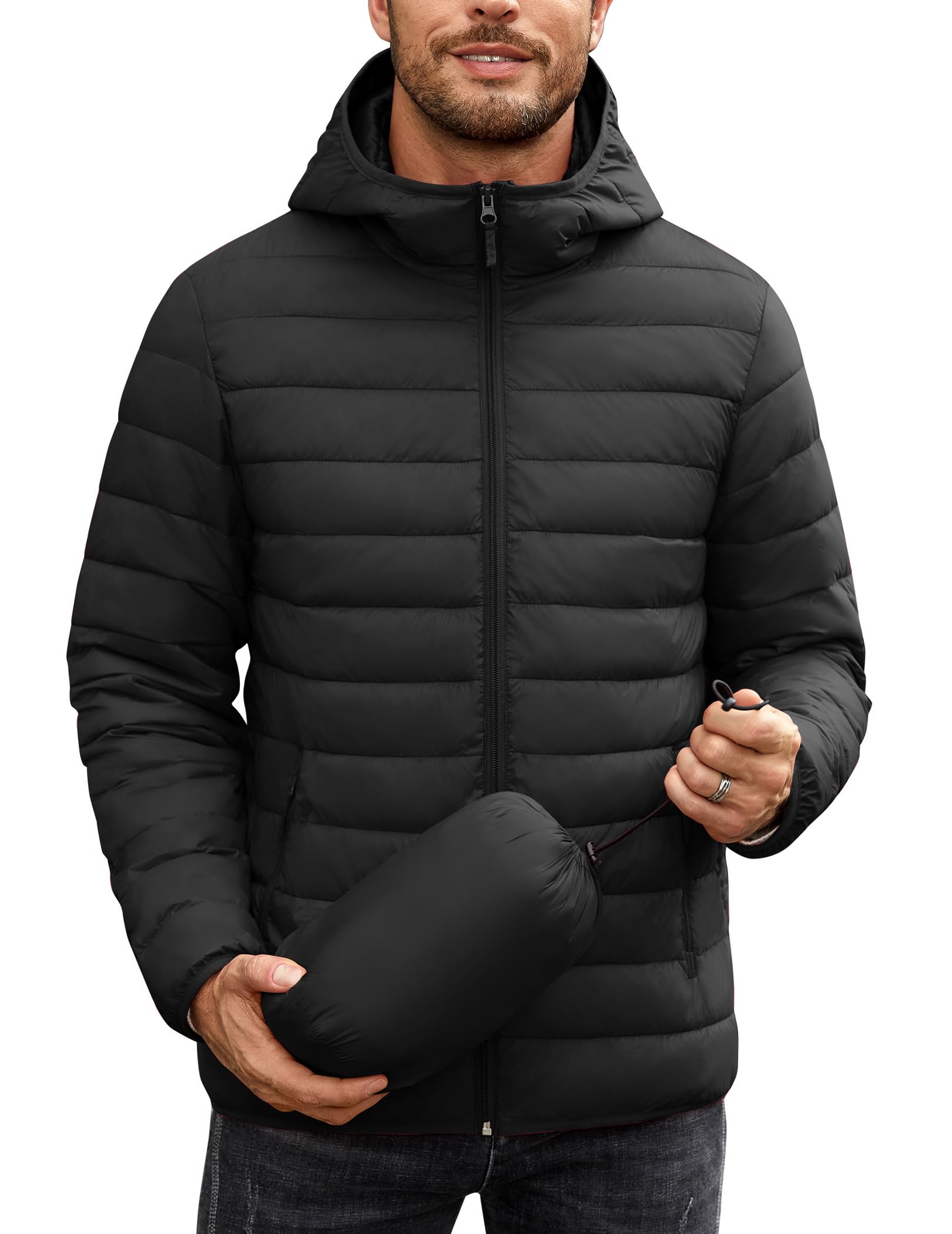 COOFANDY Mens Packable Puffer Jacket Lightweight Hooded Insulated Winter Coat Windproof Zipper Down Jacket