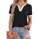 LilyCoco Women's Striped Shirt Short Sleeve Color Block Tops Notched Neck Summer Tee
