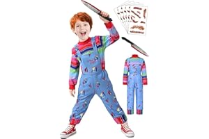 LENOAPHYS 【5 Sizes for 3-11Y】 Halloween Chucky Costume for Kids Jumpsuit Long Sleeve Rainbow Shirt Scar Tattoos Prop Knife