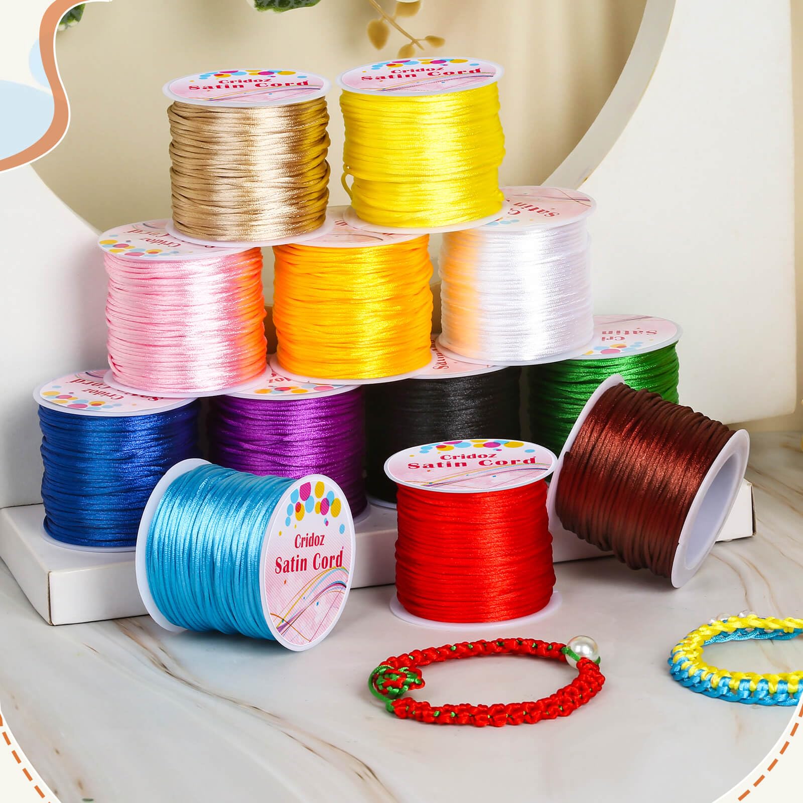 Cridoz 12 Rolls Nylon String for Bracelets, Satin Rattail Silk Cord Silky Beading String for Kumihimo, Braided Bracelets, Pendants Necklace, Macrame Craft, Keychains Lanyards, Jewelry Making