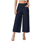 roswear Women's Capri Jeans Wide Leg Elastic Waist with Drawstring Cropped Culottes Pants