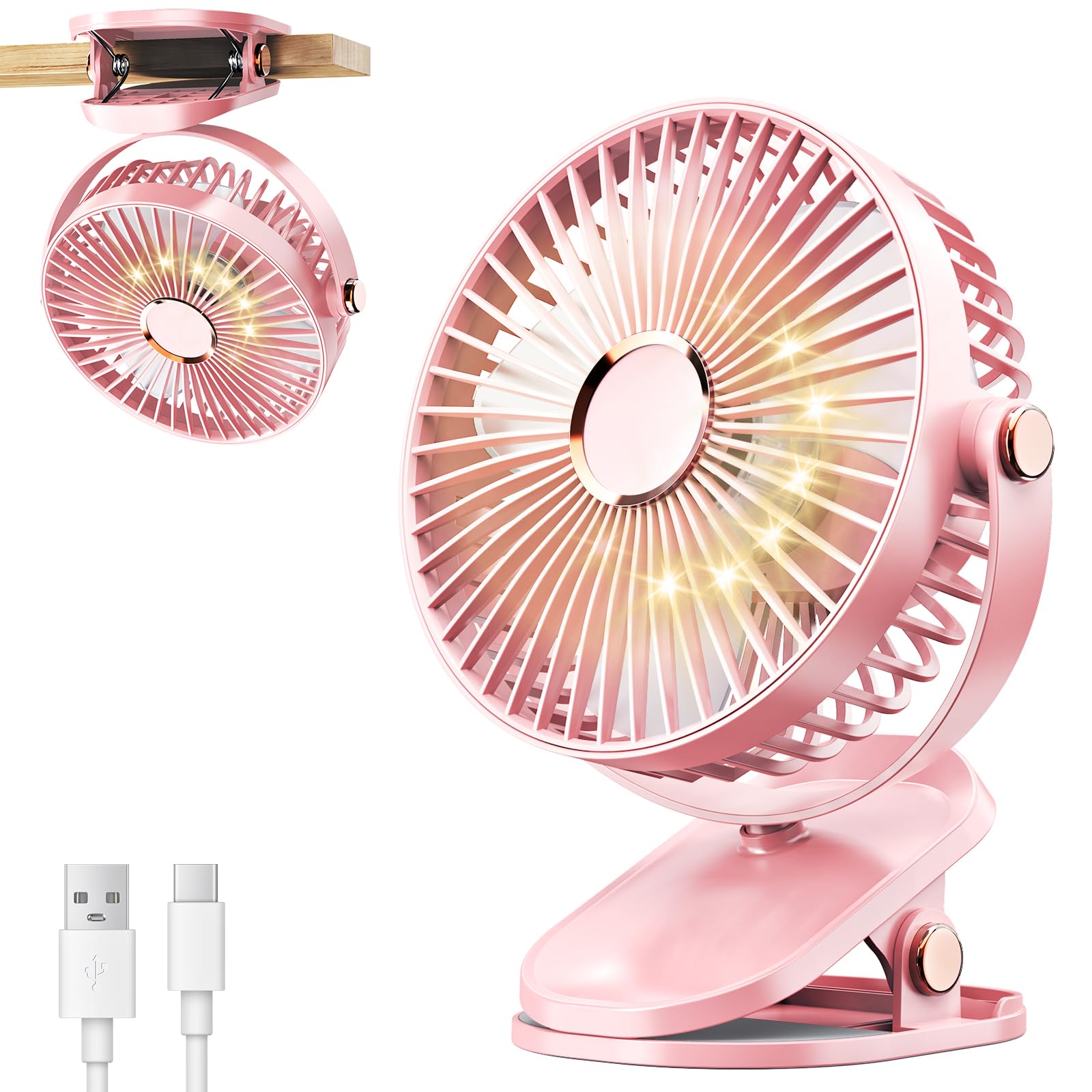 Photo 1 of iNeibo 4000mAh Portable Clip on Fan with LED Lights, Battery Operated USB Desk Fan,4 Speed Quiet Rechargeable Mini Table Fan, 360° Rotate Personal Cooling Fan for Home Office Stroller Camping (Pink)