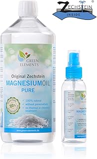 Zechstein Magnesium-Öl PUR aus Deutscher Abfüllung – Set aus 1000 ml Natursole + 100 ml Sprühflasche