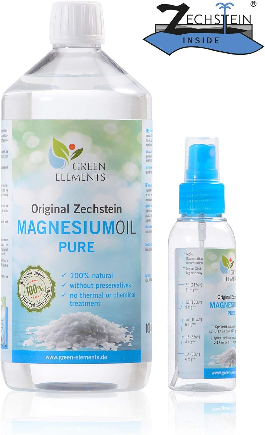 Zechstein Magnesium-Öl PUR aus Deutscher Abfüllung – Set aus 1000 ml Natursole + 100 ml Sprühflasche