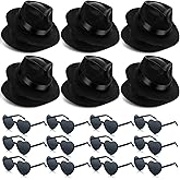 Sureio 12 Pieces Gangster Hat Set Plastic Gentlemen Hats Bulk with 12 Pairs Heart Shaped Glasses, Gangster Costume Hats for Adults 1920s Black Party Accessories Decorations for Men Women