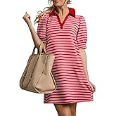 PJFPJF Women's 2026 Summer Casual Striped T Shirt Mini Dress Lapel V Neck Puff Short Sleeve Beach Vacation A-Line Dress