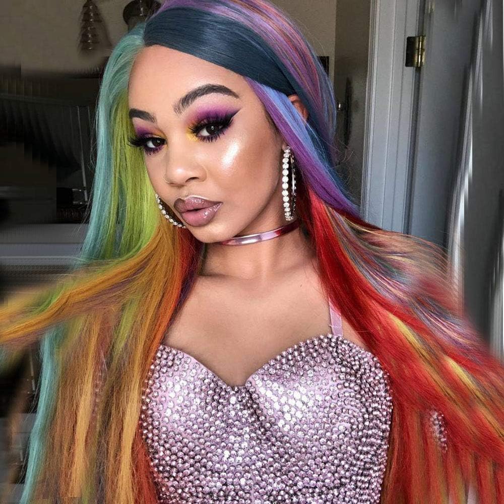 Rainbow Lace Front Wigs for Women Natural Looking Multiple color Long Straight Wig Pre Plucked Hairline Hair Synthetic Hair Rainbow Dash Cosplay Party Wig 26inch - Image 3