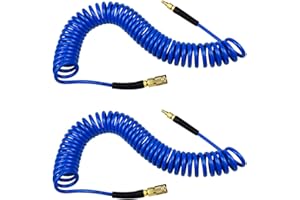 YOTOO 2 Pack Polyurethane Recoil Air Hose, Air Compressor Hose 1/4" Inner Diameter by 25' Long with Bend Restrictor, 1/4" Industrial Quick Coupler and Plug, Blue