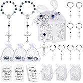 Yinkin 100 Pcs Baptism Favors Set Including 25 Mini Rosary Baptism Favors 25 Organza Bags with Drawstring 25 Thank Kraft Tags 25 Boxes for Christening Party Wedding Supplies Gifts(Blue)