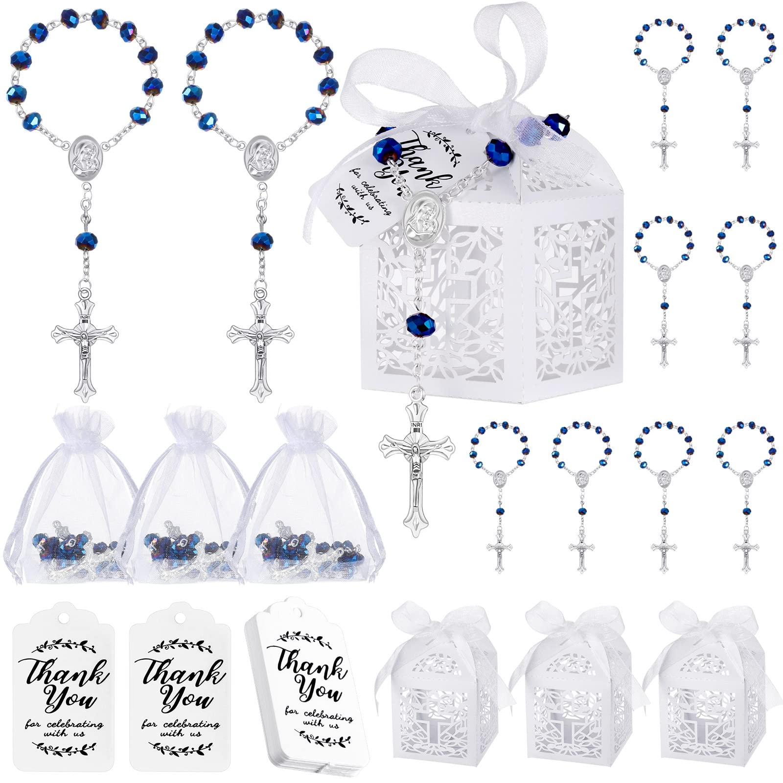 Photo 1 of Yinkin 100 Pcs Baptism Favors Set Including 25 Mini Rosary Baptism Favors 25 Organza Bags with Drawstring 25 Thank Kraft Tags 25 Boxes for Wedding Supplies Gifts(Blue)