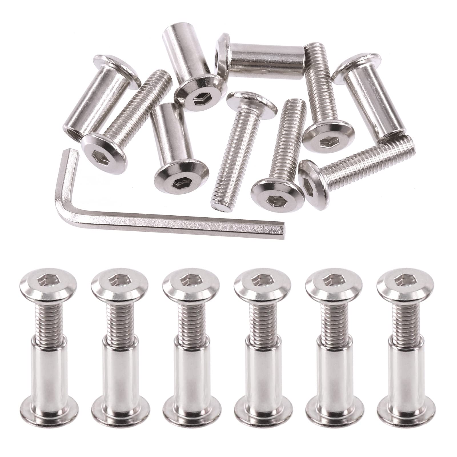 Swpeet S1860 25Pcs M6x25mm Nickel Plated Sliver Binding Screws Hex Drive Socket Cap Bolts Barrel Nuts Assortment Kit with 1Pcs Allen Wrench, Screw Post Fit for Furniture Countsunk Belt