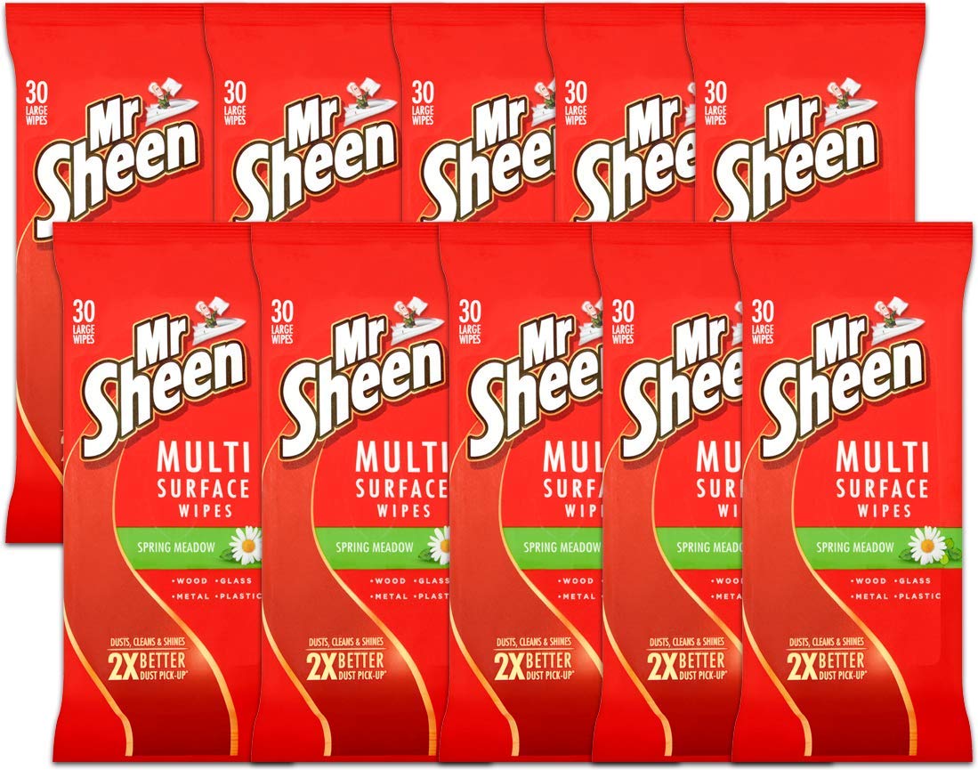 Mr Sheen Multi Surface Wipes, Clean & Dust Wood, Glass Metal & Plastic Surfaces, Scent: Spring Meadow, Size: Pack of 10