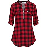 Ninedaily Women's 3/4 Sleeve Plaid Shirts Zip Floral Casual Tunic Blouse Tops