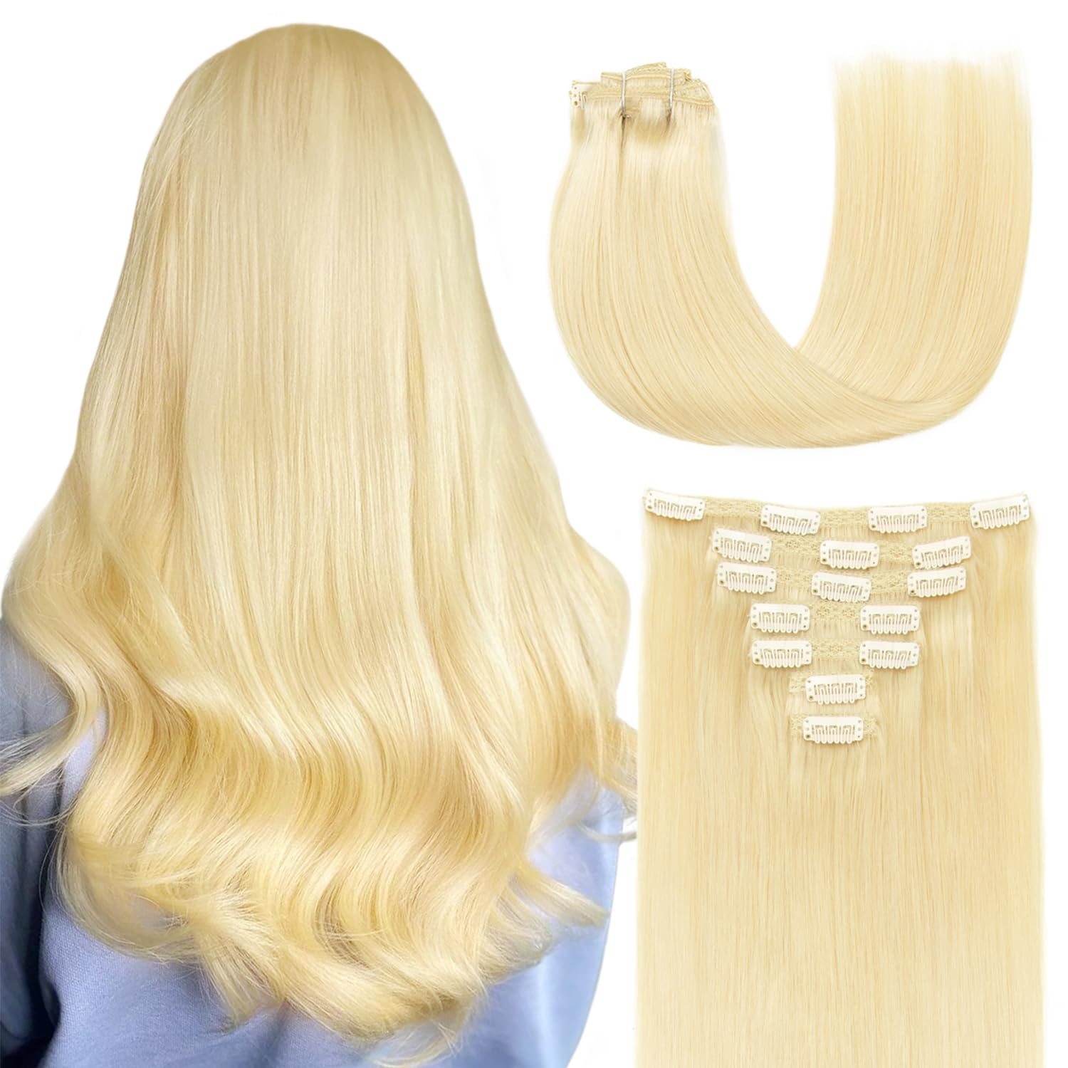 AGMITY Hair Extensions Clip in 12 Inch 100g 7pcs Clip in Hair Extensions Real Human Hair Natural Silky Double Weft Hair (12 inches #613 Bleach Blonde)