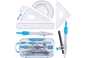 YUNQING Math Geometry Kit Set 10 Pieces with Shatterproof Storage Box, Student Supplies Drawing Compass Includes Protractor, Rulers, Compass, Pencil Sharpener, Lead Refills, Pencil, Eraser(Blue)