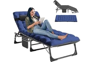 LILYPELLE Folding Lounge Chair with Mattress, 5 Position Adjustable Folding Cot Portable Outdoor Folding Chaise Lounge Chair for Outside, Sunbathing, Camping, Pool, Beach, Patio