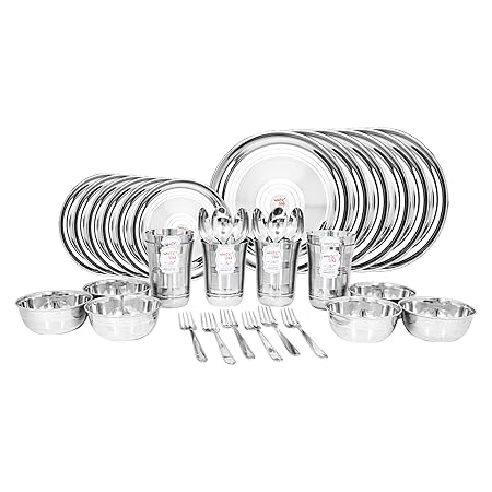 WHITE STAR Classic 24g Heavy Stainless Steel 36 Piece Dinner Set (6 Full Plate, 6 Quater Plate, 6 Glass, 6 Veg Bowl, 6 Spoon, 6 Fork)