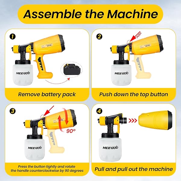 MEE GOO PAINT SPRAYER,ELECTRIC PAINT SPRAY GUN-200W HIGH POWER,5 NOZZLE SIZES,COMPATIBLE WITH DEWALT BATTERIES(NOT INCLUDE BATTERY),ADJUSTABLE FLOW CONTROL-PERFECT FOR WALLS,FENCES,FURNITURE(YELLOW)