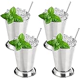 Fijinhom 12oz Mint Julep Cups with Straws Set of 4, Stainless Steel Beaded Mint Julep Cups, Mint Julep Glasses for Cocktails Mixed Drinks, Metal Cups for Beer Juice Beverage Party Bar Home Restaurant