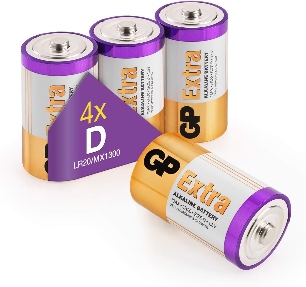 Size/Type D Batteries Pack of 4 LR20 batteries 1.5V by GP Batteries Type D Cell Size Extra Alkaline Batteries ideal for: Toys/Radio’s/Garden equipment