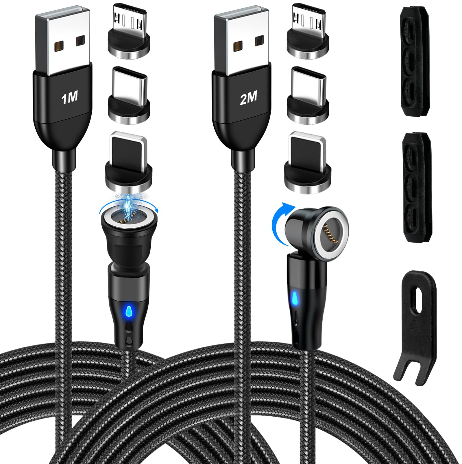 AXFEE 2-Pack 3.3ft/6.6ft 18W USB Fast Charging Cable with 2 Organizers, 540° Data Transfer 3-in-1 7Pin Magnetic Charger Cable for Type C/Micro USB/i-Products