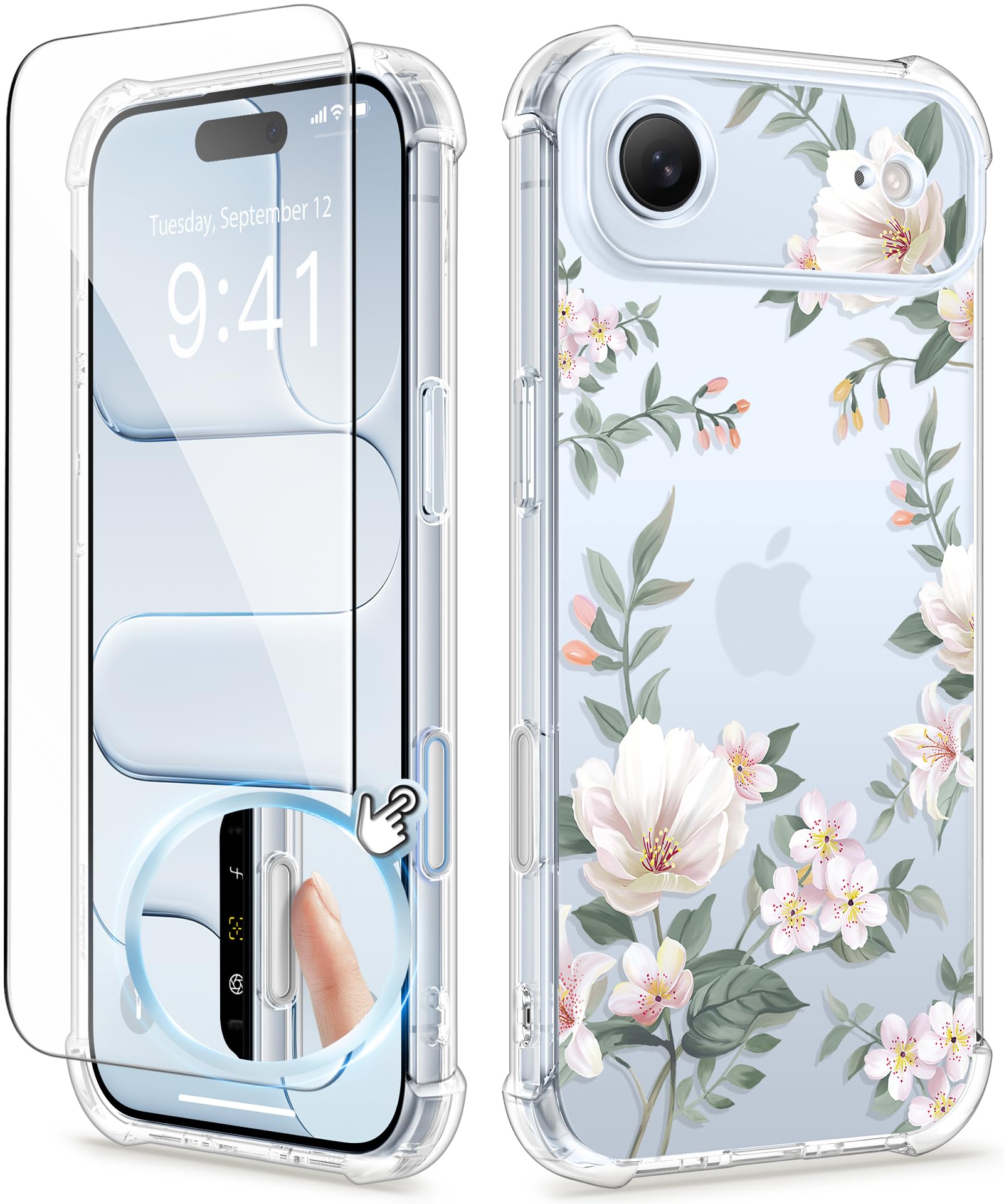 Photo 1 of GVIEWIN for iPhone Air Case Floral, [Full Camera Protection] [Screen Protector] Slim Clear Flower Non Yellowing Shockproof Military Grade Women Phone Case for iPhone 17 Air 6.5", Magnolia/White
