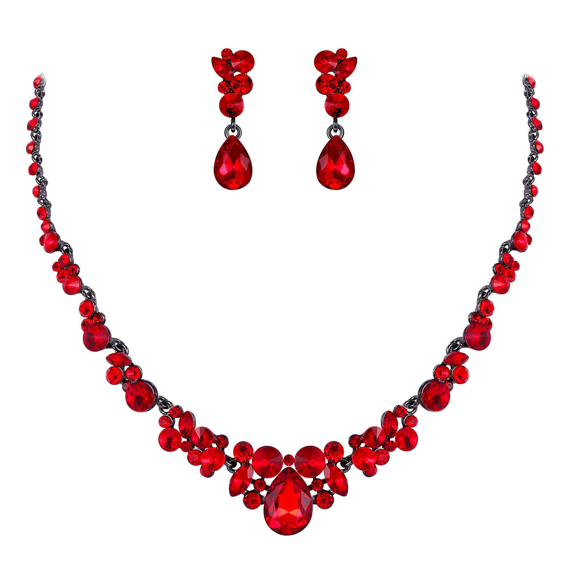Ever Faith Bridal Jewellery Set Red Rhinestone Crystal Wedding Party Floral Teardrop Necklace Earrings Sets for Brides Black-Tone — image 1
